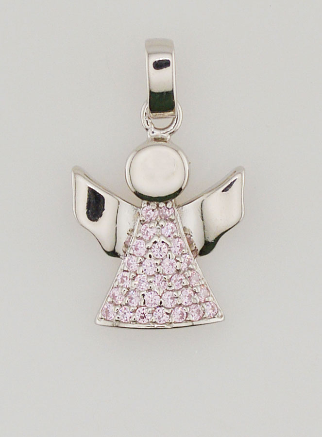 Pendentif Ange-Gardien en Argent et Zircons Roses - 15 mm (pic 1)