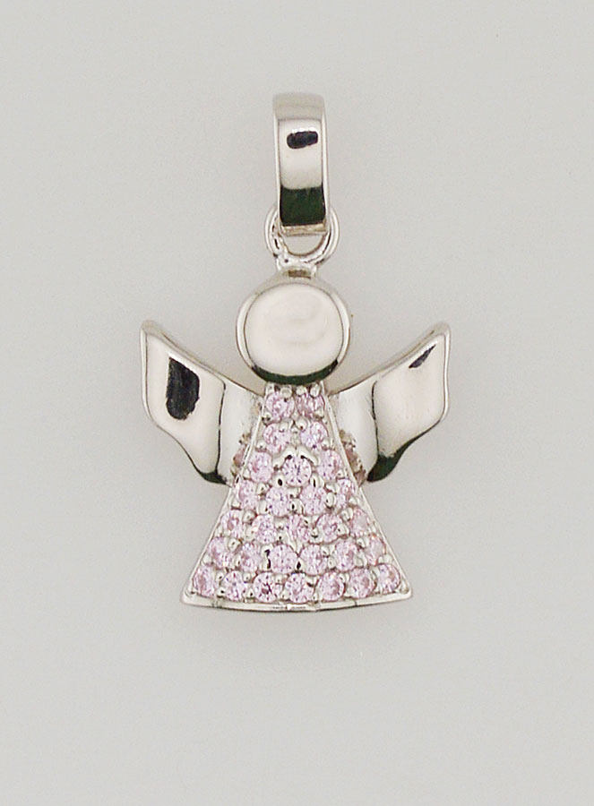 Médaille de Baptême Ange-Gardien Argent et Zircons Roses - 15 mm (pic 1)