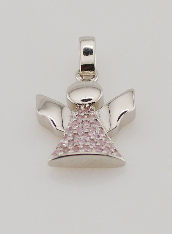 Médaille de Baptême Ange-Gardien Argent et Zircons Roses - 15 mm (pic 2)