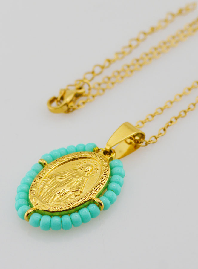 Collier Religieux & Médaille Miraculeuse - Perles Turquoises (pic 1)