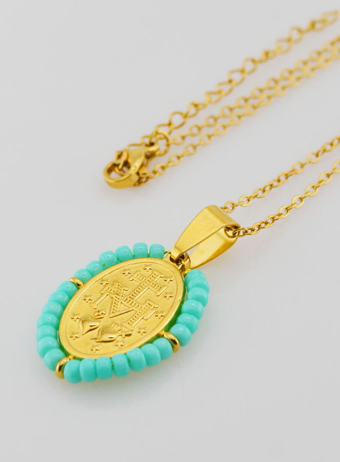 Collier Religieux & Médaille Miraculeuse - Perles Turquoises (pic 3)