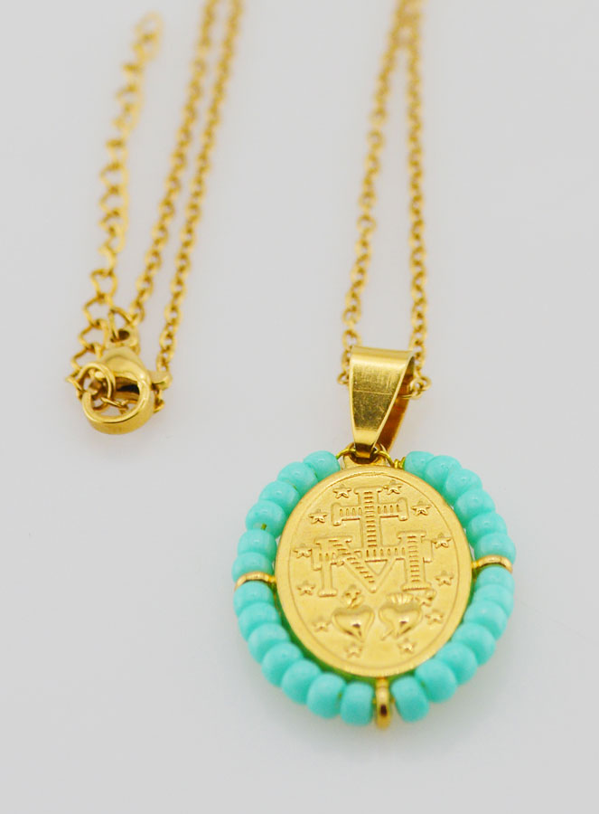 Collier Religieux & Médaille Miraculeuse - Perles Turquoises (pic 4)
