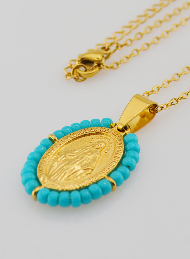 Collier Religieux & Médaille Miraculeuse - Perles Bleu Gris (pic 1)