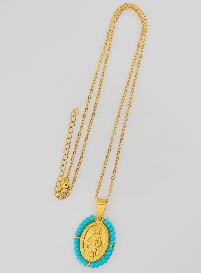 Collier Religieux & Médaille Miraculeuse - Perles Bleu Gris (pic 2)