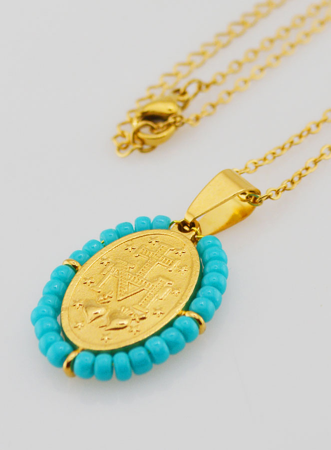 Collier Religieux & Médaille Miraculeuse - Perles Bleu Gris (pic 3)