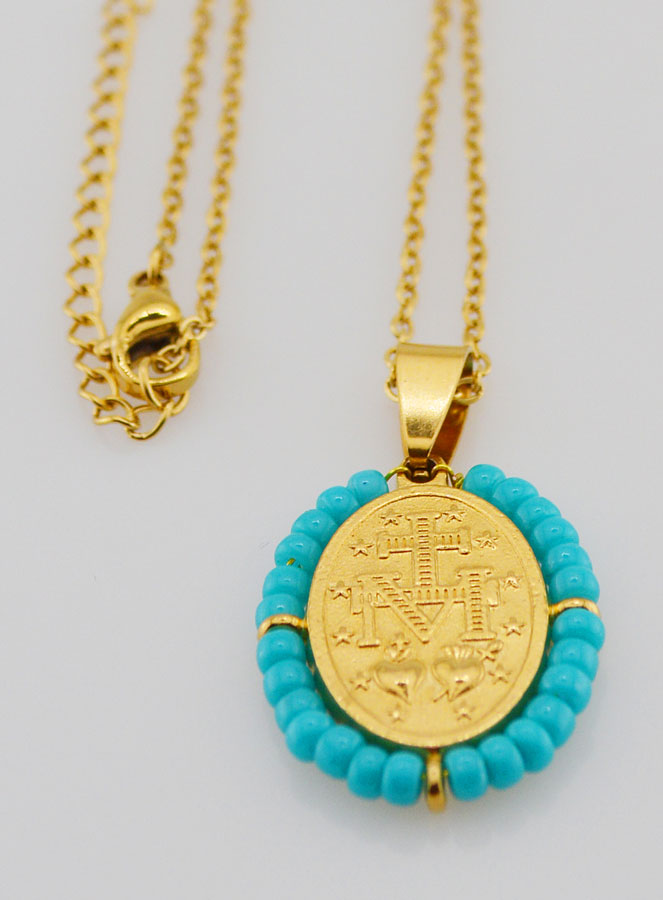 Collier Religieux & Médaille Miraculeuse - Perles Bleu Gris (pic 4)