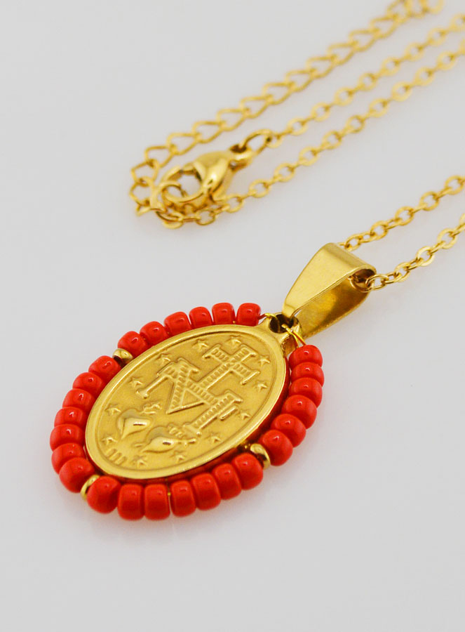Médaille Miraculeuse + Chaîne - Perles Rouges (pic 3)