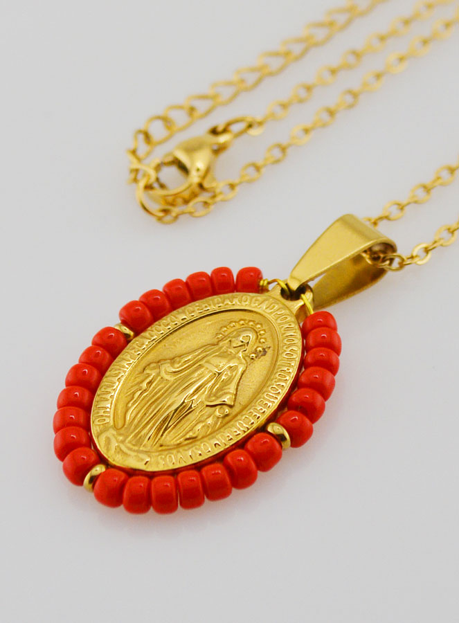 Collier Religieux & Médaille Miraculeuse - Perles Rouge (pic 1)
