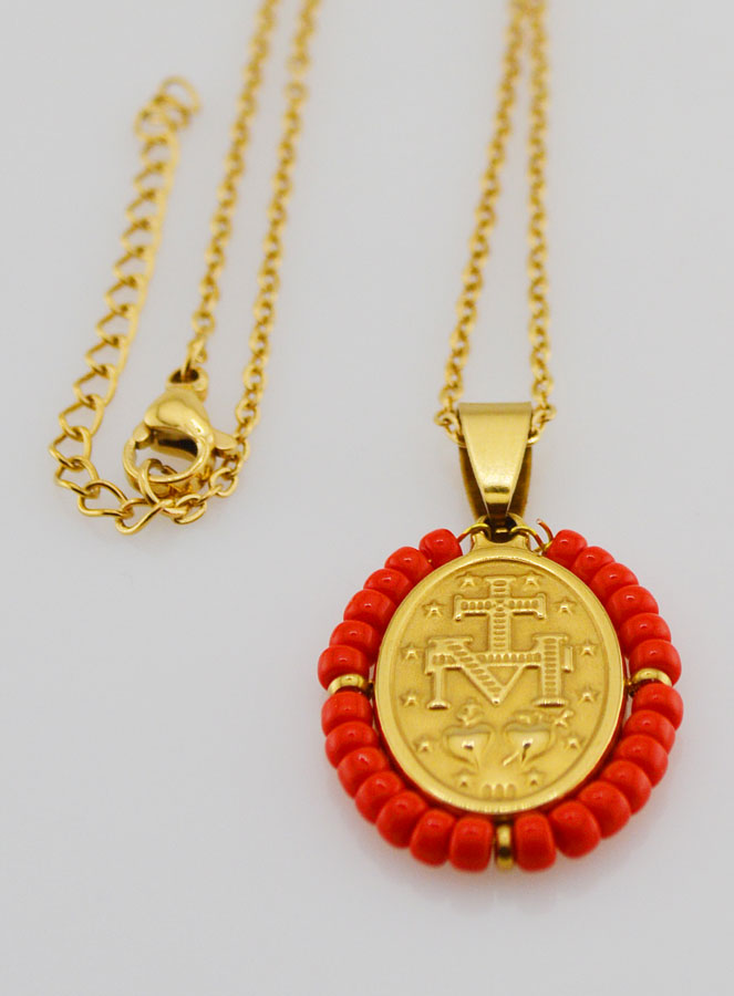 Collier Religieux & Médaille Miraculeuse - Perles Rouge (pic 4)