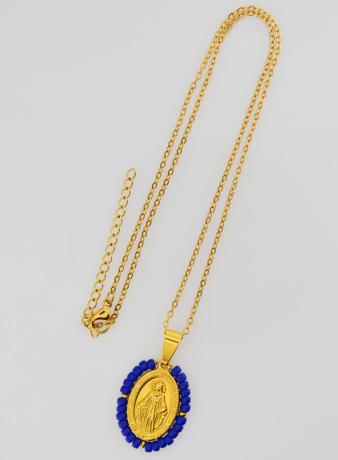 Médaille Miraculeuse + Chaîne - Perles Bleu Marine (pic 2)