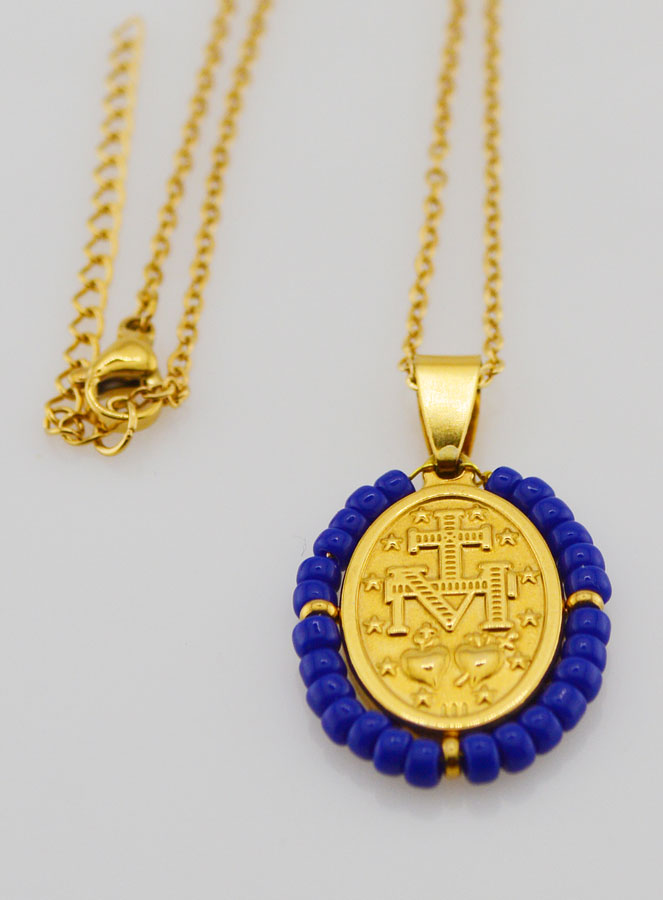Médaille Miraculeuse + Chaîne - Perles Bleu Marine (pic 4)