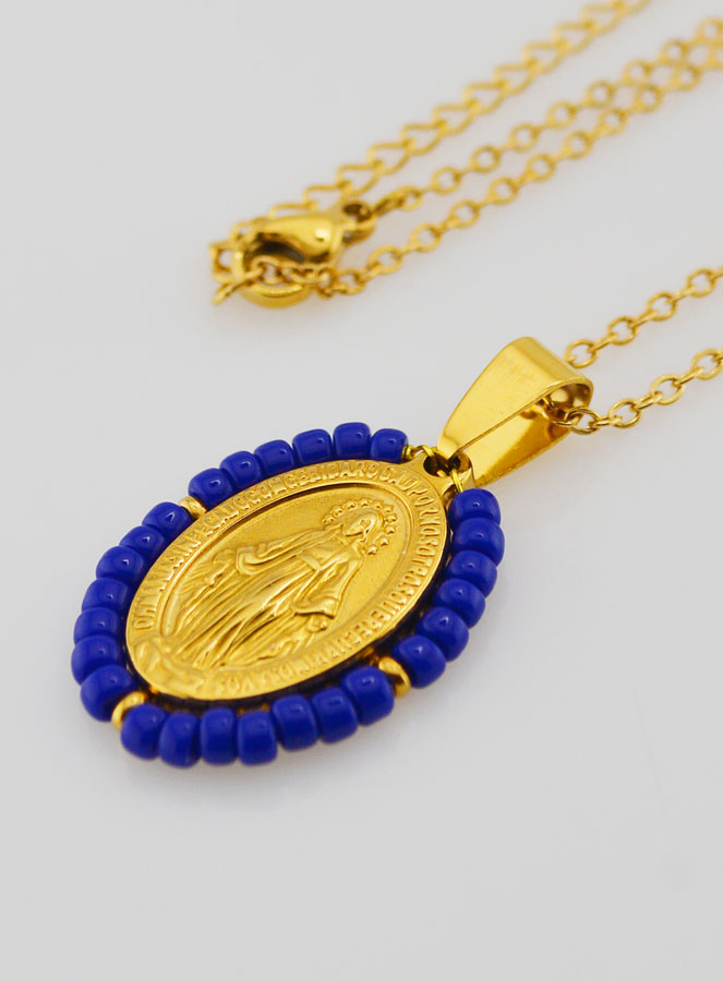 Collier Religieux & Médaille Miraculeuse - Perles Marine (pic 1)