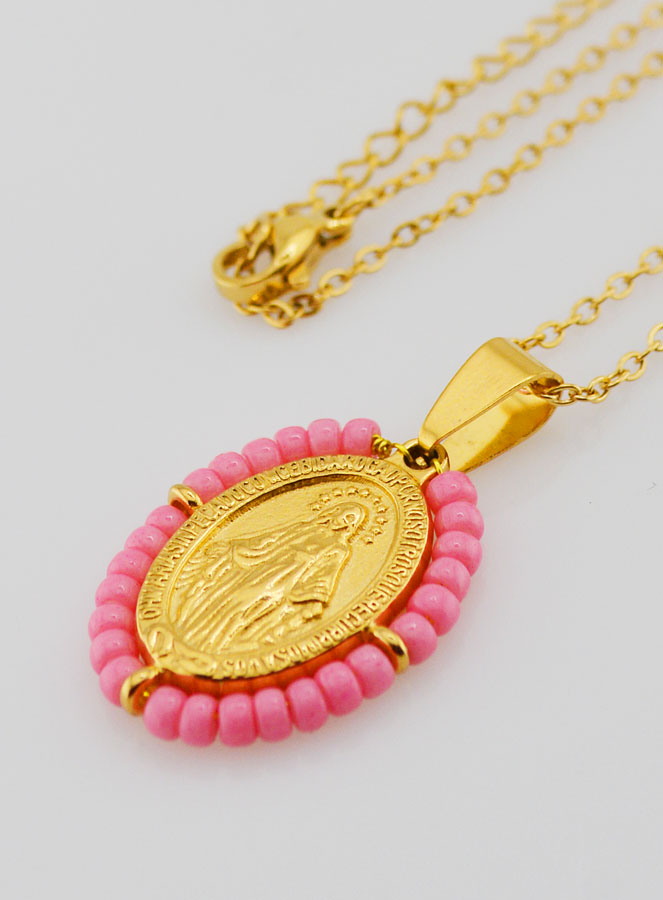 Médaille Miraculeuse + Chaîne - Perles Roses (pic 1)