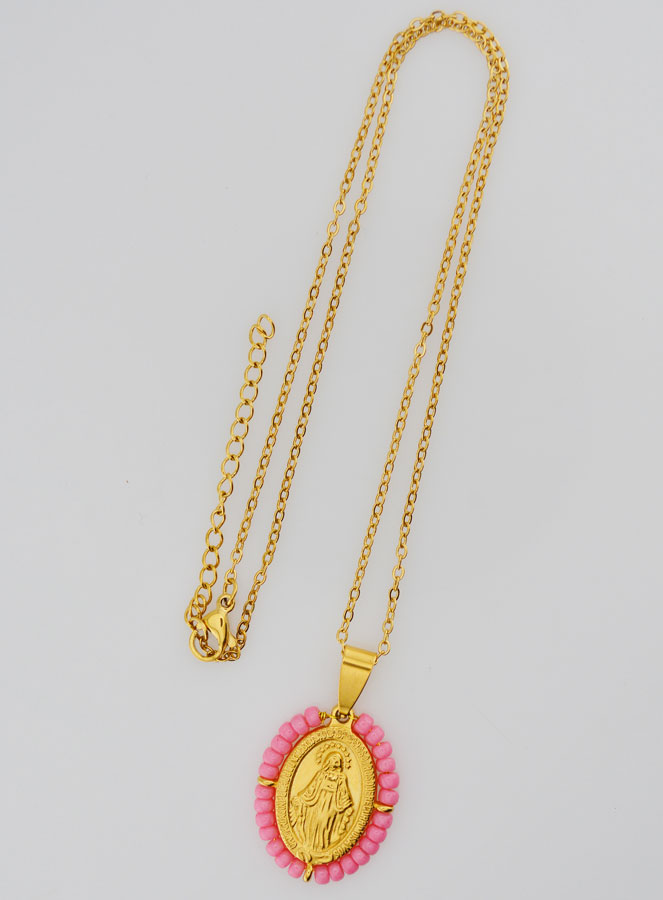 Médaille Miraculeuse + Chaîne - Perles Roses (pic 2)