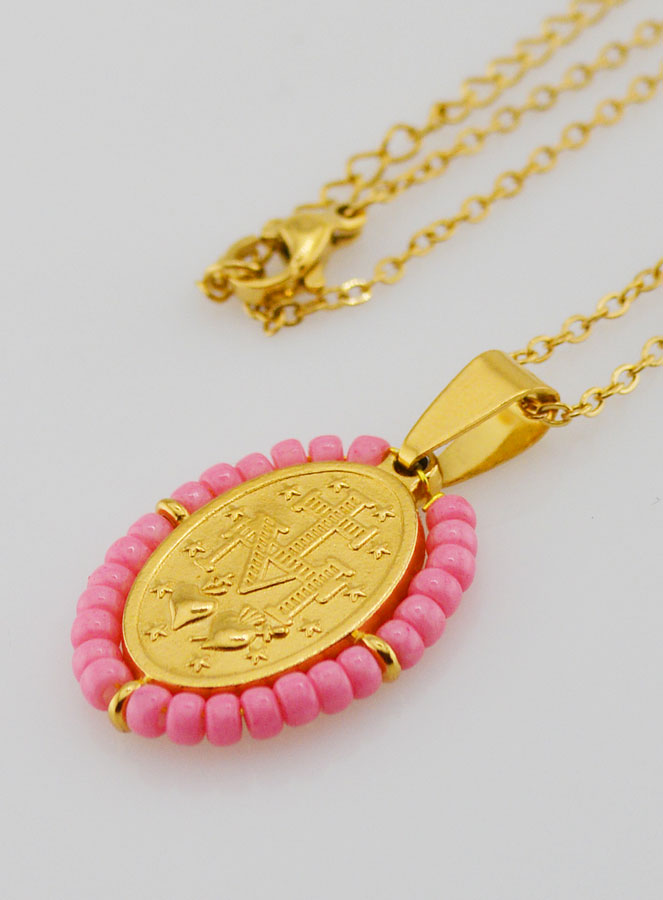 Médaille Miraculeuse + Chaîne - Perles Roses (pic 3)