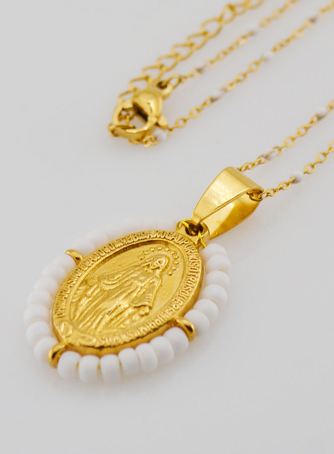 Médaille Miraculeuse Perlée + Chaîne Perles Blanches (pic 1)