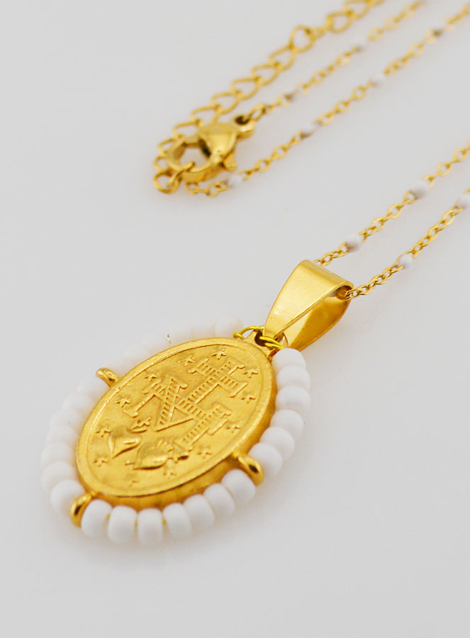 Médaille Miraculeuse Perlée + Chaîne Perles Blanches (pic 2)