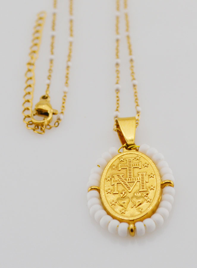 Médaille Miraculeuse Perlée + Chaîne Perles Blanches (pic 3)