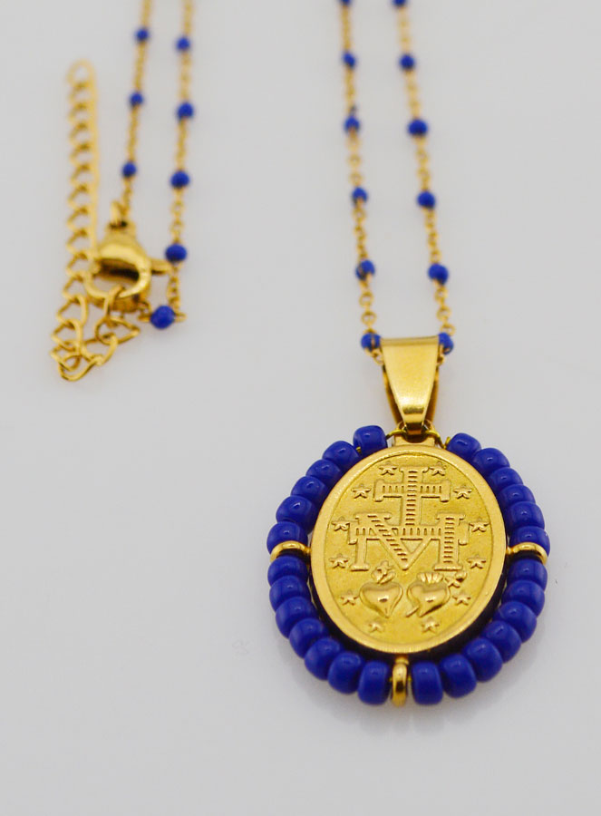 Médaille Miraculeuse Perlée + Chaîne Perles Marine (pic 3)