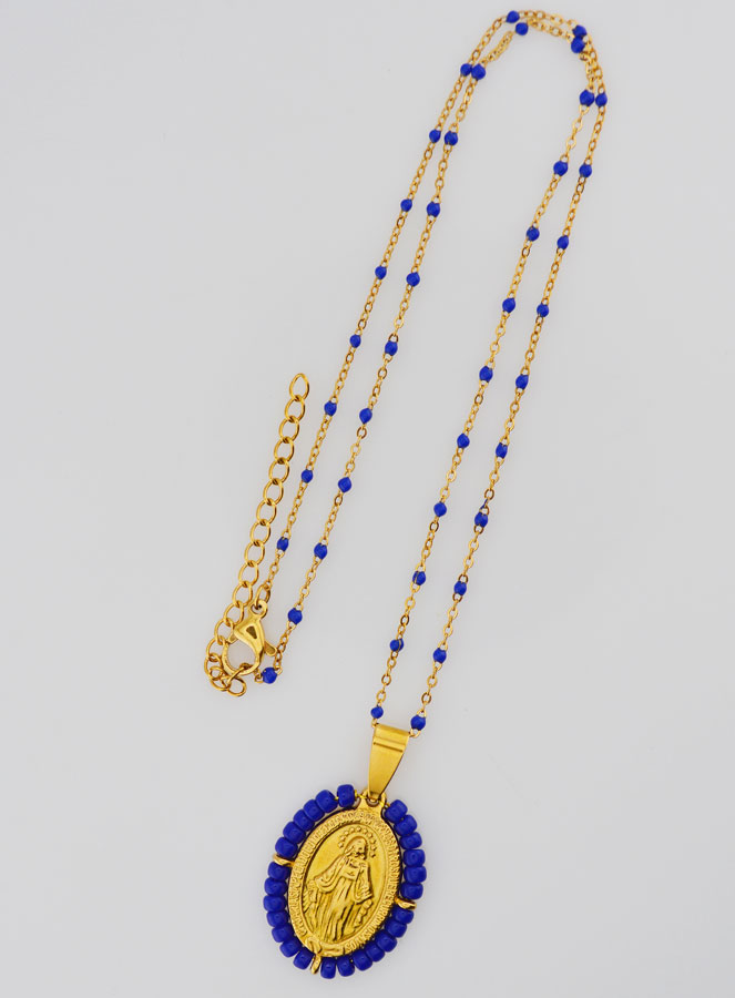 Médaille Miraculeuse Perlée + Chaîne Perles Marine (pic 4)
