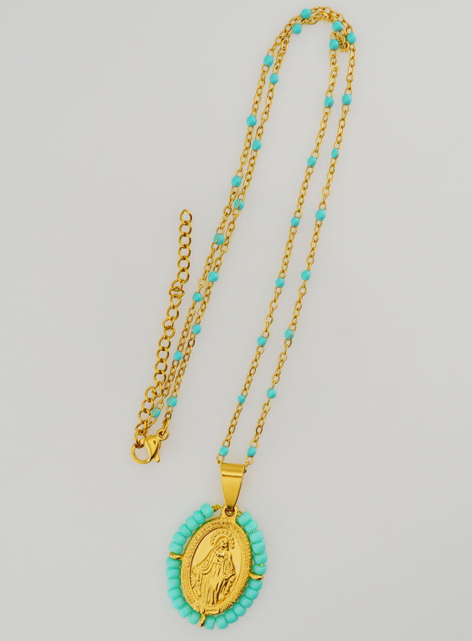 Médaille Miraculeuse Perlée + Chaîne Perles Turquoises (pic 4)