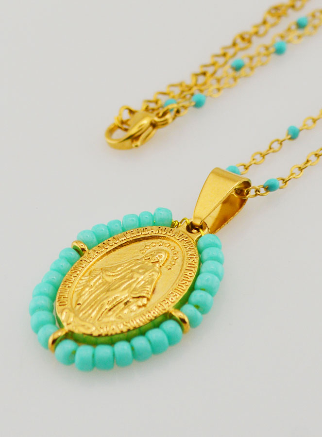 Collier Religieux Perlé & Médaille Miraculeuse - Turquoise (pic 1)