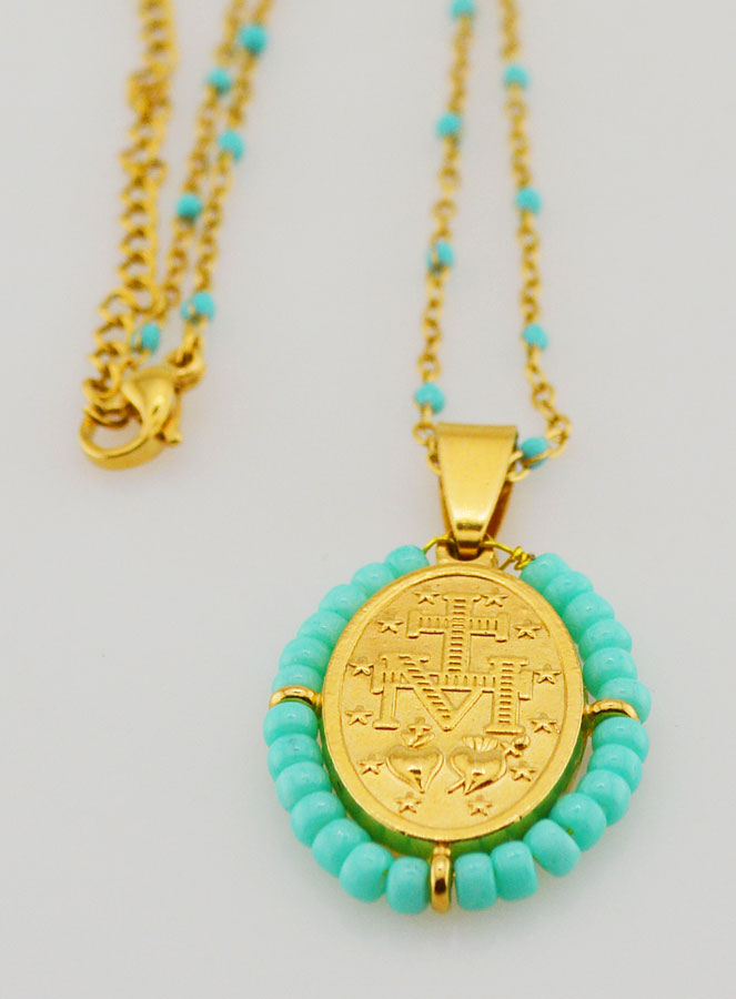 Collier Religieux Perlé & Médaille Miraculeuse - Turquoise (pic 3)