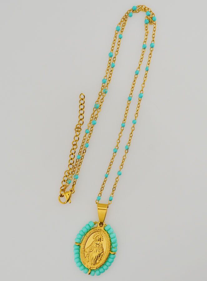 Collier Religieux Perlé & Médaille Miraculeuse - Turquoise (pic 4)