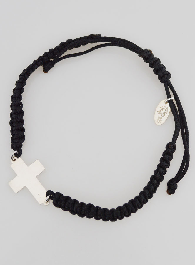 Bracelet Corde Tressée Noire - Croix en Argent (pic 1)
