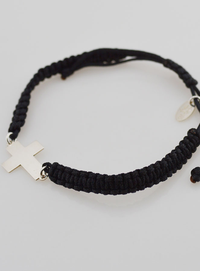 Bracelet Corde Tressée Noire - Croix en Argent (pic 2)
