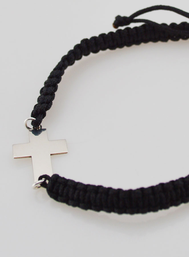 Bracelet Corde Tressée Noire - Croix en Argent (pic 3)