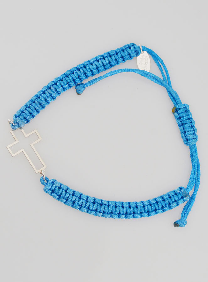 Bracelet Corde Tressée Bleue - Croix Ajourée Argent (pic 1)