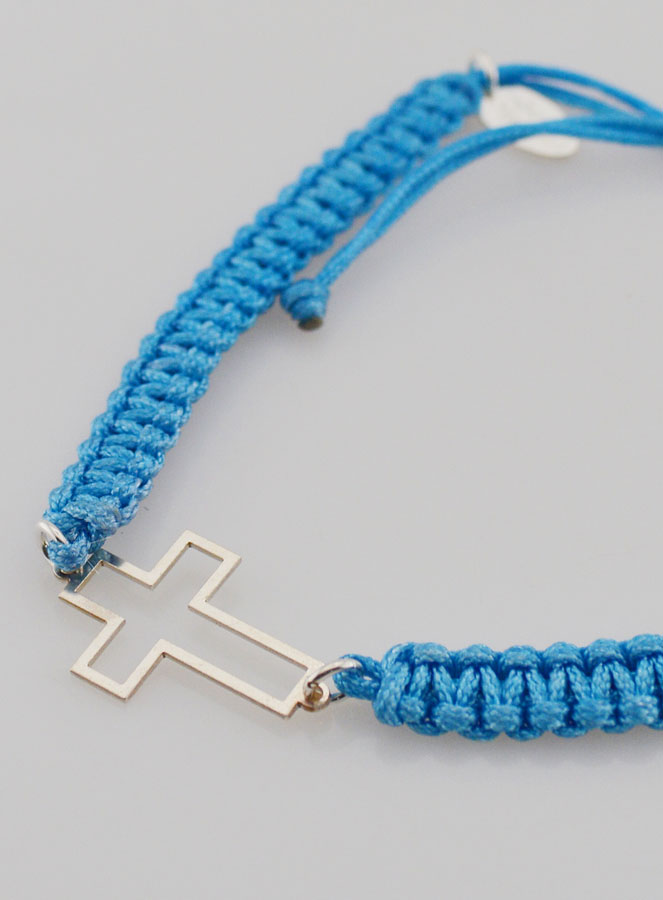 Bracelet Corde Tressée Bleue - Croix Ajourée Argent (pic 2)