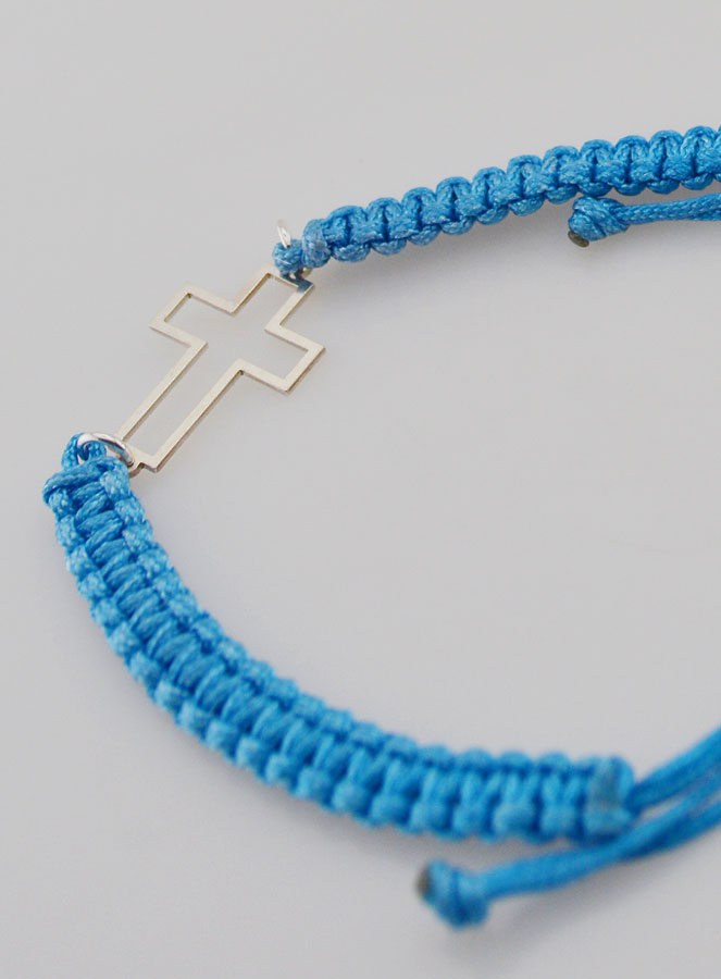 Bracelet Corde Tressée Bleue - Croix Ajourée Argent (pic 4)