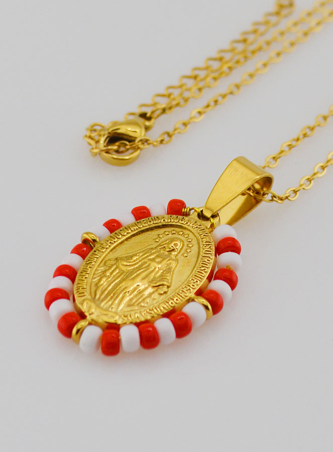 Collier Religieux & Miraculeuse - Perles Rouges & Blanches (pic 1)