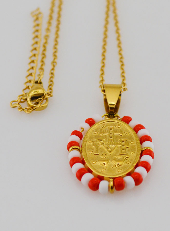 Collier Religieux & Miraculeuse - Perles Rouges & Blanches (pic 4)