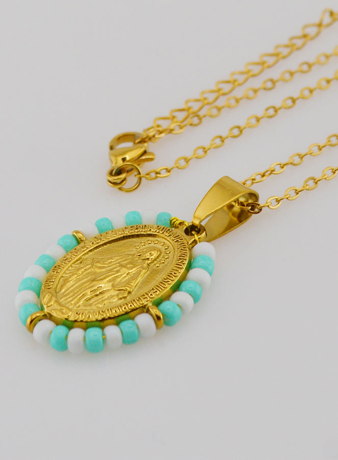 Médaille Miraculeuse + Chaîne - Perles Turquoise & Blanc (pic 1)