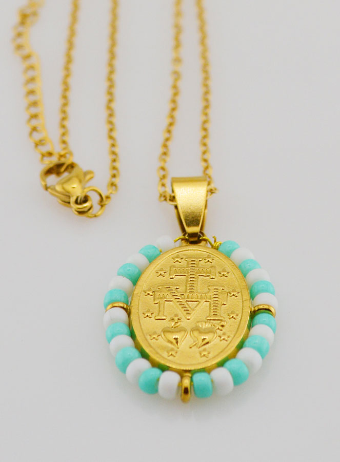 Médaille Miraculeuse + Chaîne - Perles Turquoise & Blanc (pic 3)