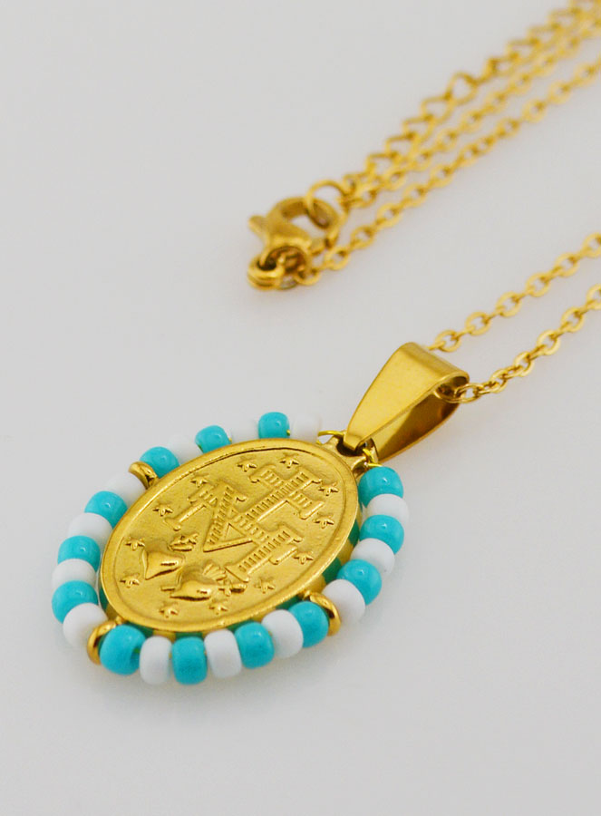 Médaille Miraculeuse + Chaîne - Perles Blanc & Bleu Gris (pic 2)