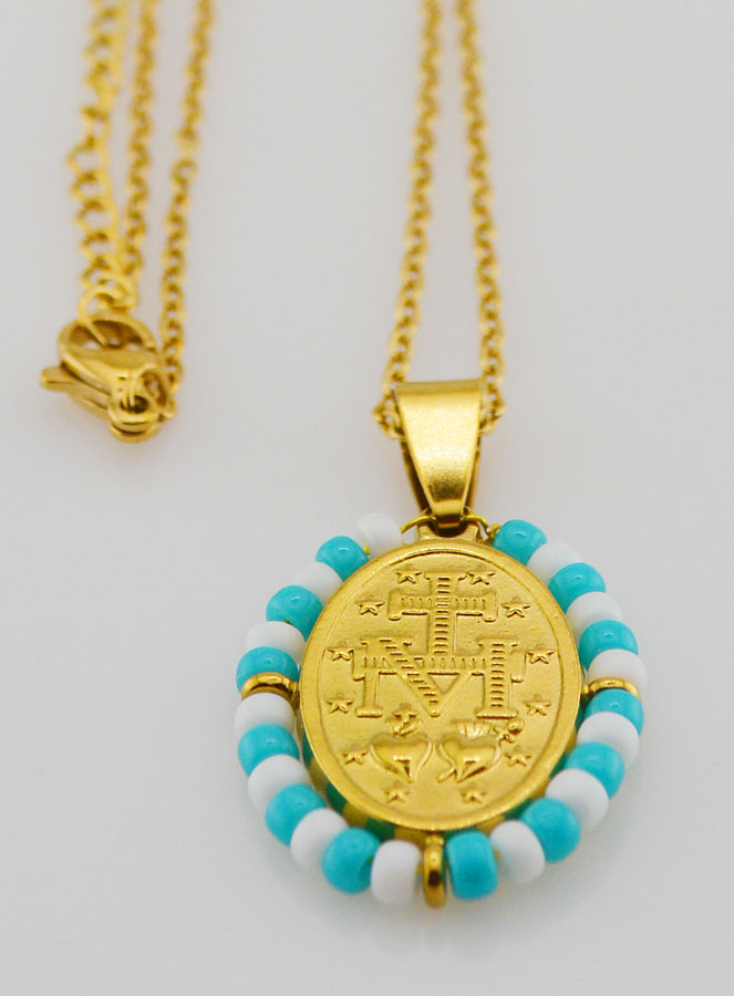 Médaille Miraculeuse + Chaîne - Perles Blanc & Bleu Gris (pic 3)