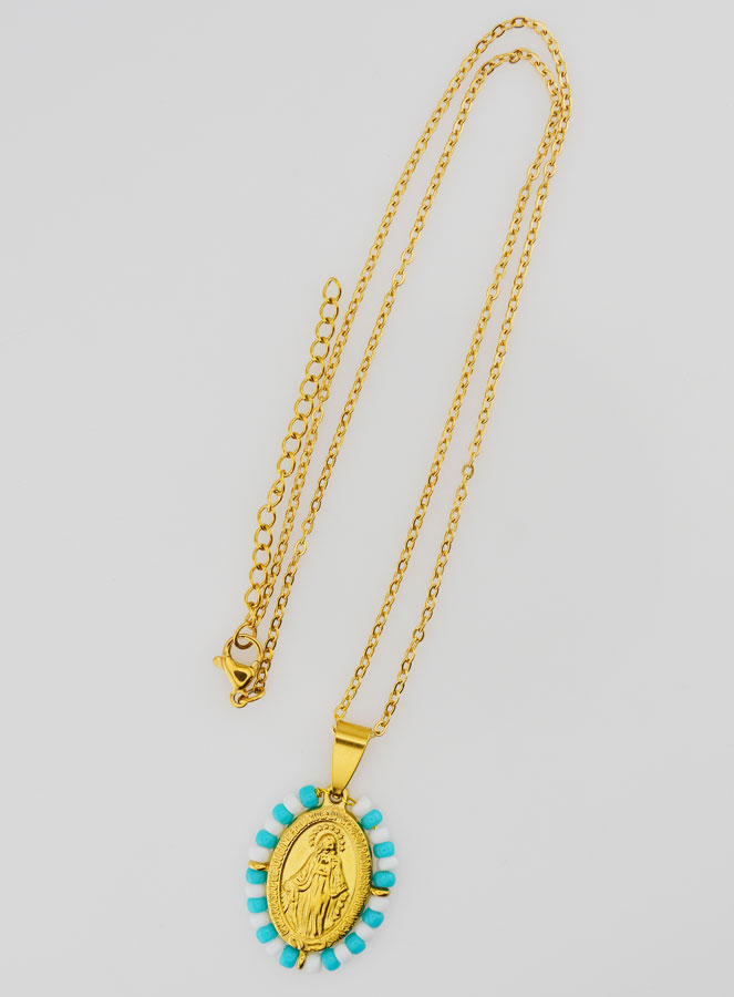 Médaille Miraculeuse + Chaîne - Perles Blanc & Bleu Gris (pic 4)