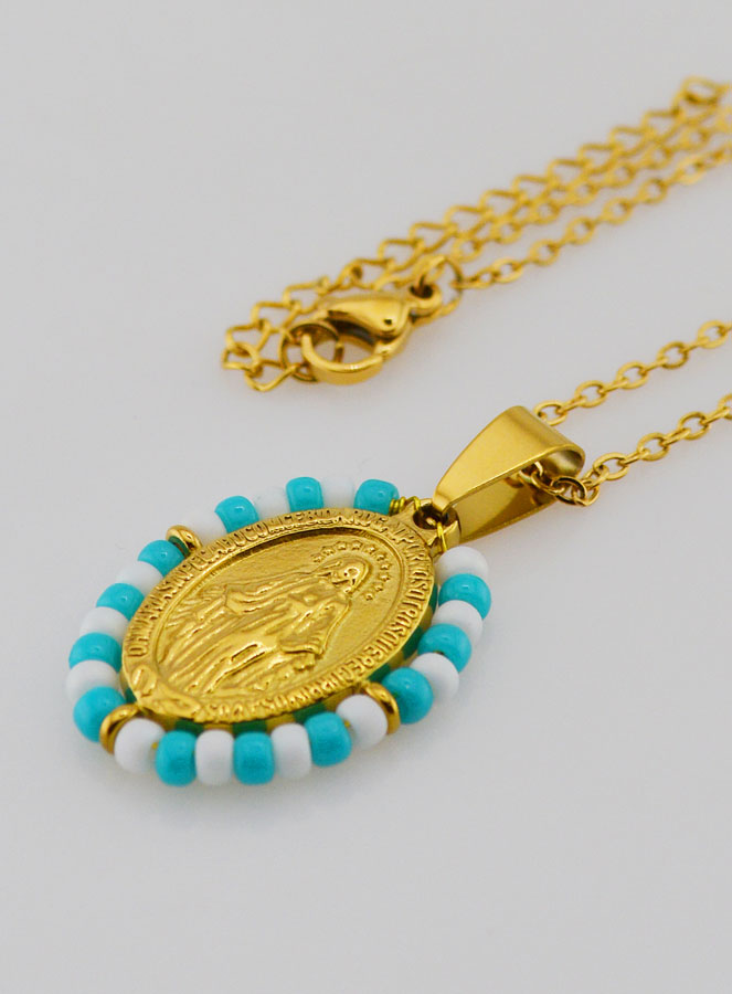 Collier Religieux & Miraculeuse - Perles Blanches & Bleu Gris (pic 1)