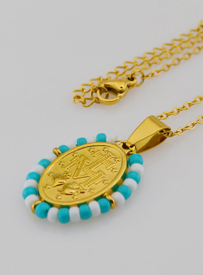 Collier Religieux & Miraculeuse - Perles Blanches & Bleu Gris (pic 2)