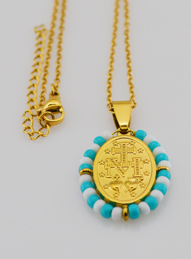 Collier Religieux & Miraculeuse - Perles Blanches & Bleu Gris (pic 3)