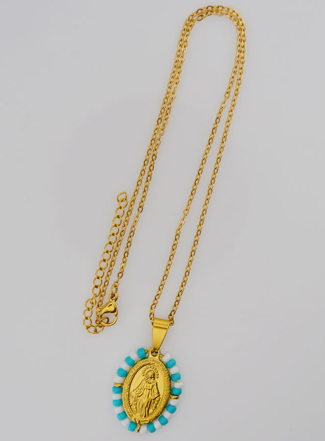 Collier Religieux & Miraculeuse - Perles Blanches & Bleu Gris (pic 4)