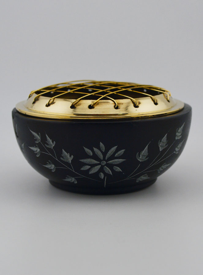Brûle-Encens en Stéatite Noire et Laiton - 9cm (pic 1)