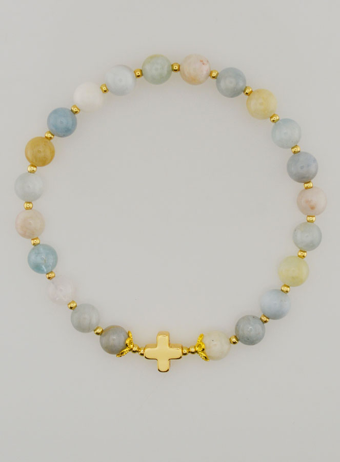 Bracelet en Pierre d'Aigue Marine & Croix - 6mm (pic 1)