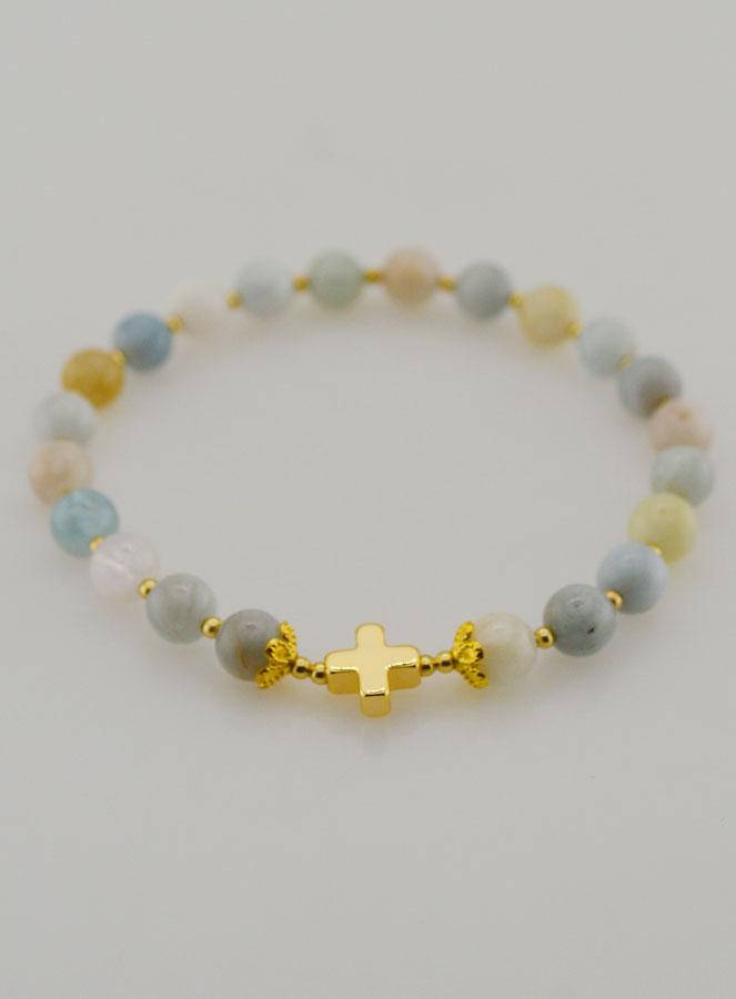 Bracelet en Pierre d'Aigue Marine & Croix - 6mm (pic 2)