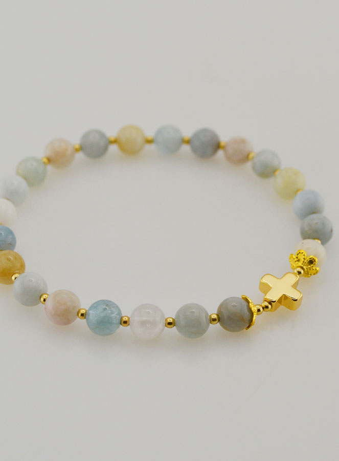 Bracelet en Pierre d'Aigue Marine & Croix - 6mm (pic 3)