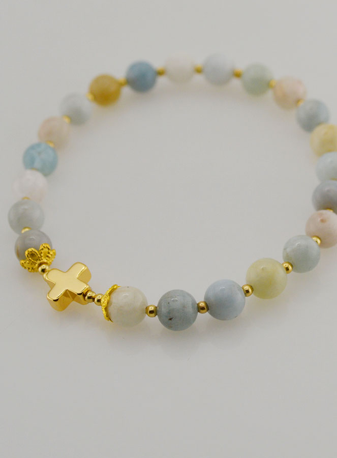 Bracelet en Pierre d'Aigue Marine & Croix - 6mm (pic 4)